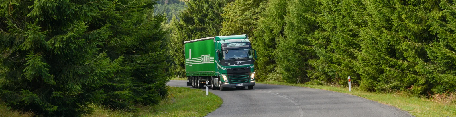 Zelená souprava Lannutti na lesní silnici