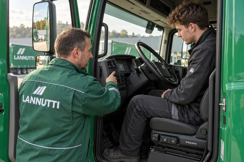 Zkušený kolega zaškoluje nového řidiče v kabině tahače